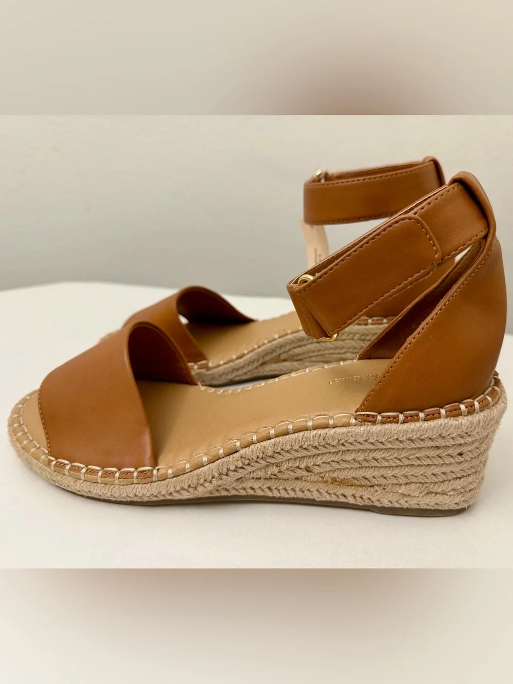 Tommy Bahama Cognac Leather Espadrille Wedges with Ankle Strap